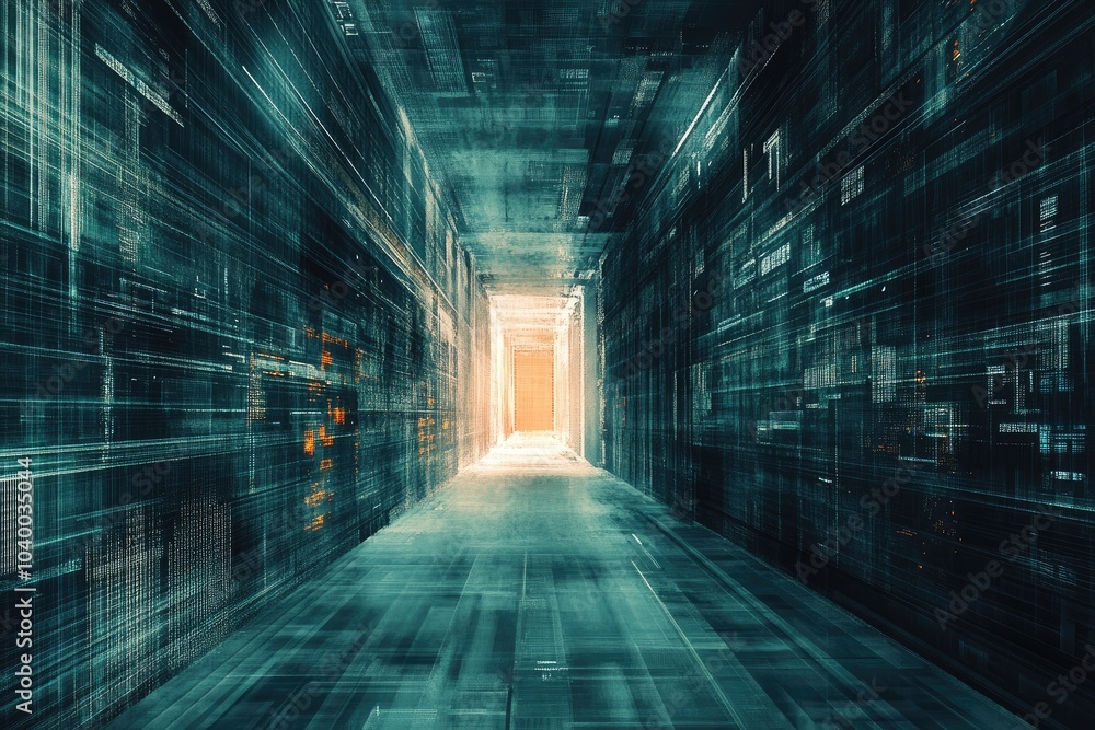 Poster a futuristic hallway illuminated by a bright light, featuring digital patterns and a sense of depth 
