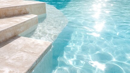 Glowing sunlight gently bathes the steps of a pristine pool, reflecting soft light and inviting the viewer to relax and unwind in a peaceful summery atmosphere.