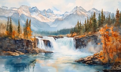 Watercolor Athabasca Falls Jasper National Park
