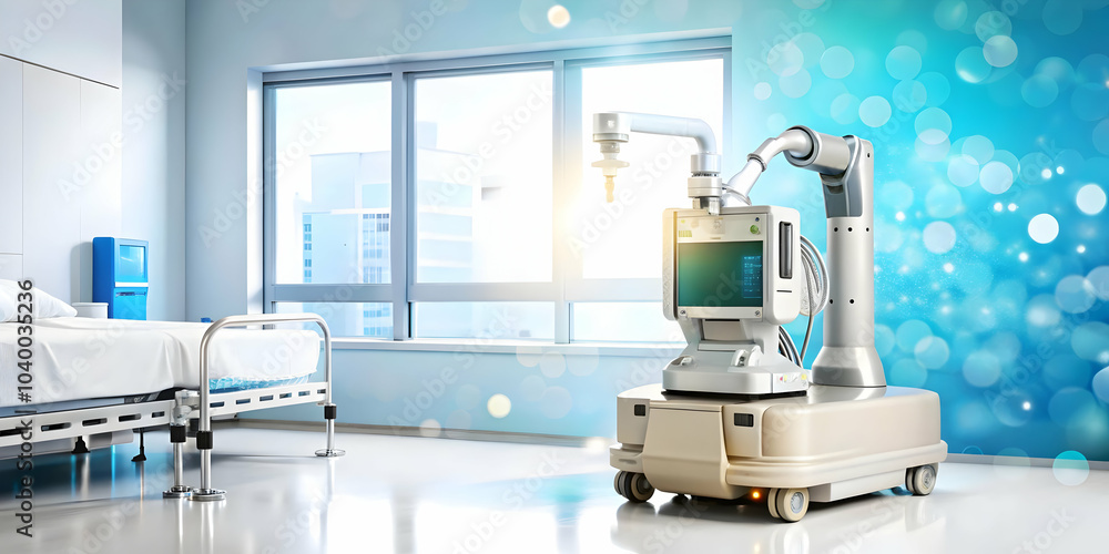 Poster robotic cleaner sanitizing hospital room abstract digital art image with soft bokeh background highl