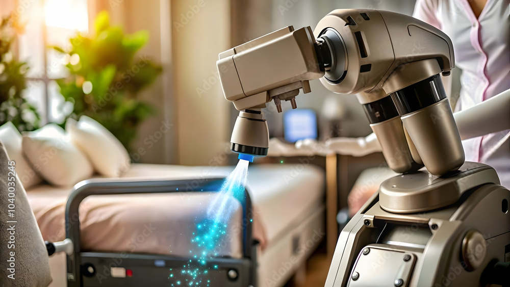 Poster robotic cleaner sanitizing hospital room digital art abstract image soft bokeh background highlighti