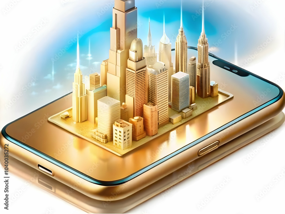 Poster glossy smartphone holographic city projection on plain surface concept - mobile access global connec