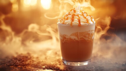 A creamy vanilla latte with a swirl of caramel on top, steam rising from the cup, soft natural light creating a warm and inviting scene, the rich scent of vanilla and caramel wafting through the air.
