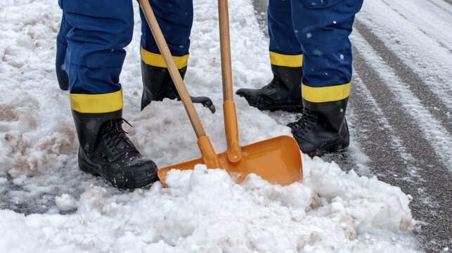 Two workers clear snow with shovels from a construction site, ensuring safe access in winter conditions