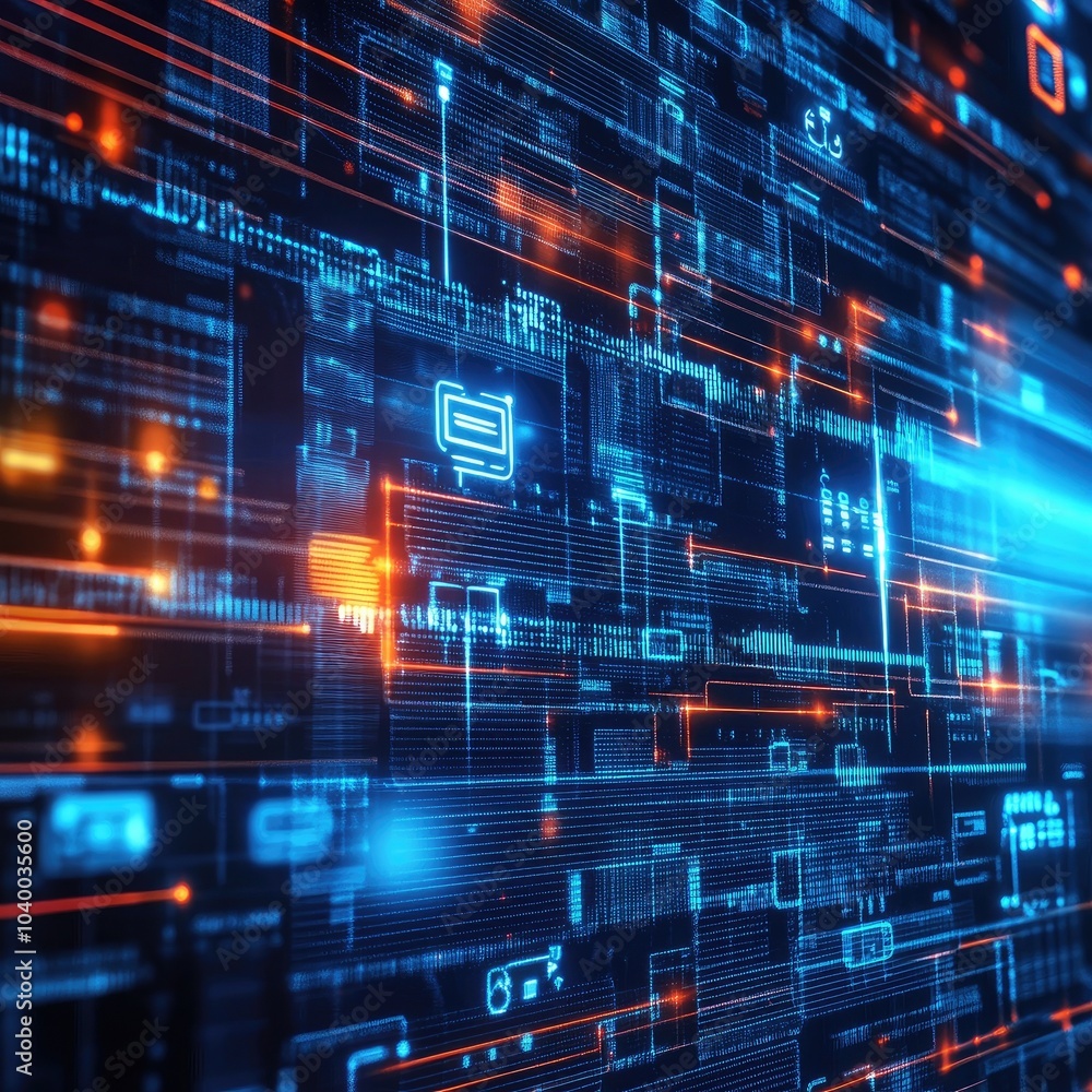 Poster futuristic digital landscape featuring glowing data streams and circuit patterns, perfect for techno