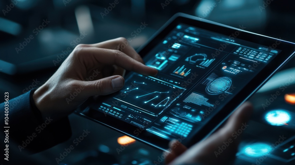 Poster data analysts discussing ai predictions with charts displayed on a tablet