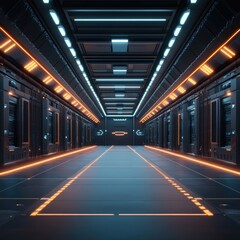 Obraz premium Futuristic corridor with glowing lights, sleek design, and high-tech ambiance, perfect for science fiction themes and digital art.