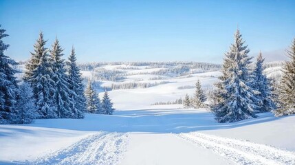 Fototapeta premium Snowy Landscape with Pine Trees and Clear Sky