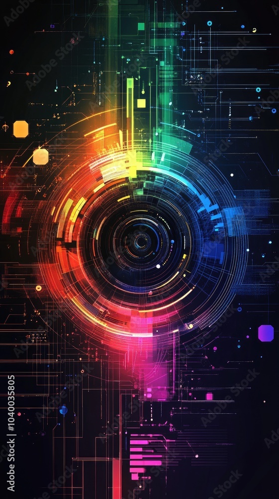 Poster vibrant abstract circular design with colorful digital elements.