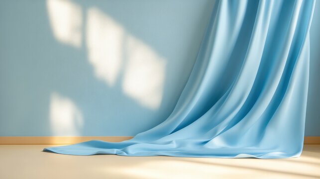 A smooth blue fabric drapes gracefully within a sunlit room, capturing the interplay of light and shadow while exuding a sense of peace and sophistication.