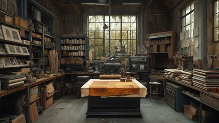 Vintage Print Shop with Traditional Printing Equipment and Tools