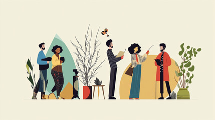 Creative team collaborating with plants and artistic elements in a stylish studio