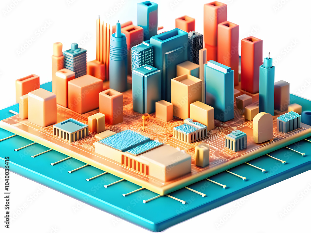 Poster circuit board city skyline close up macro image urban centers global data network concept with copy 