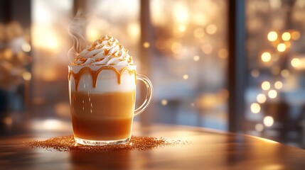 A creamy vanilla latte with a swirl of caramel on top, steam rising from the cup, soft natural light creating a warm and inviting scene, the rich scent of vanilla and caramel wafting through the air.