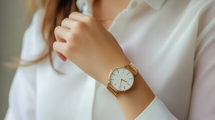 Young woman wear casual white dress shirt show hand with watch and golden bracelet