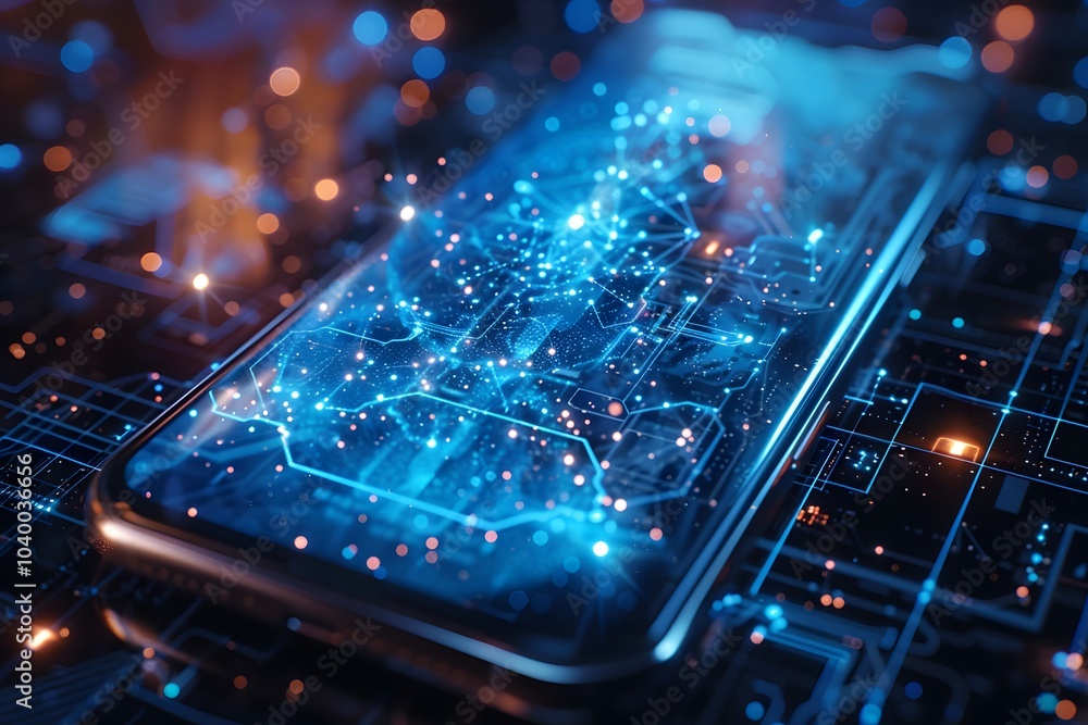 Poster futuristic smartphone surrounded by digital circuitry and data streams