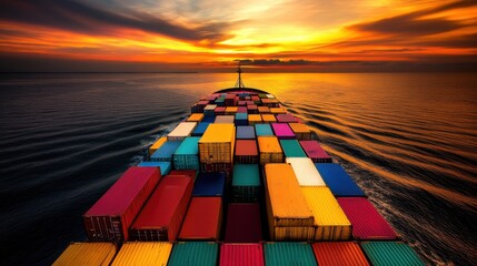 A contemporary cargo ship packed with colorful containers setting sail at sunset, photography style, photo of