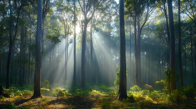 A dense forest with towering pine and cedarwood trees, sunlight filtering through the branches, soft mist in the air, a tranquil scene with eucalyptus leaves on the forest floor, - Powered by Adobe
