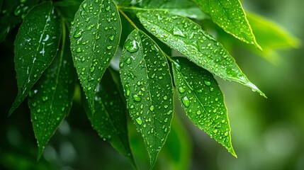 Fototapeta premium Vibrant green neem leaves with glistening raindrops