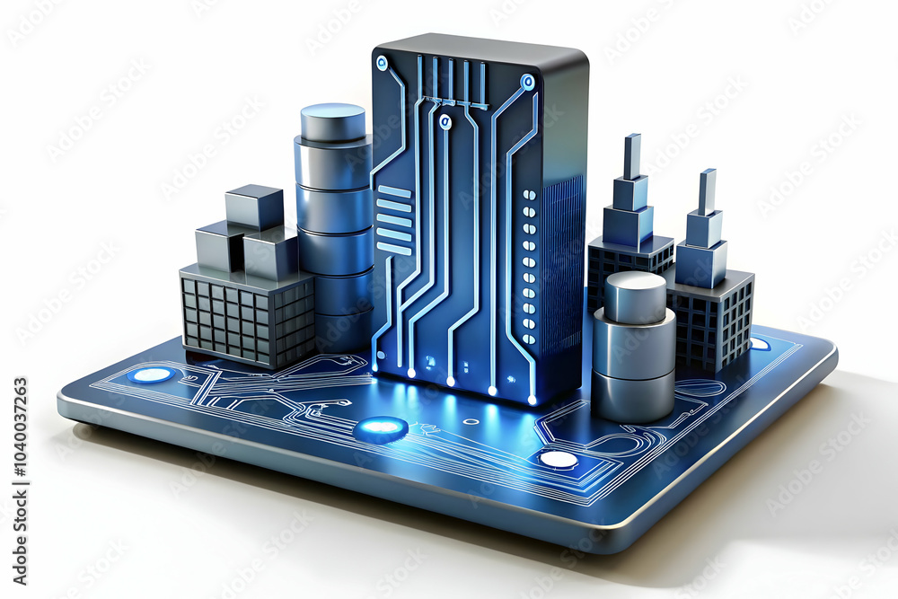 Poster glossy building silhouette with circuit pattern on plain background for smart city technology integr