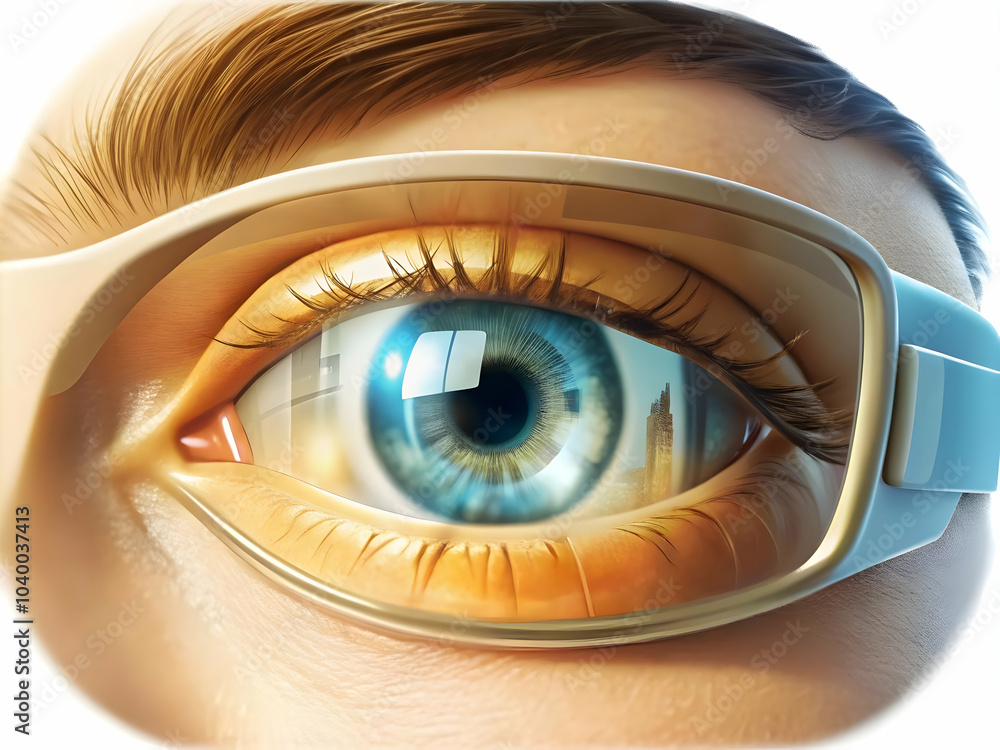 Poster close up employees eye vr interface overlay macro shot immersive technology workplace copy space pho