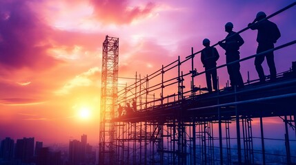 Industrial engineer silhouetted on a scaffolding, receiving team instructions amidst a gentle pastel sunset