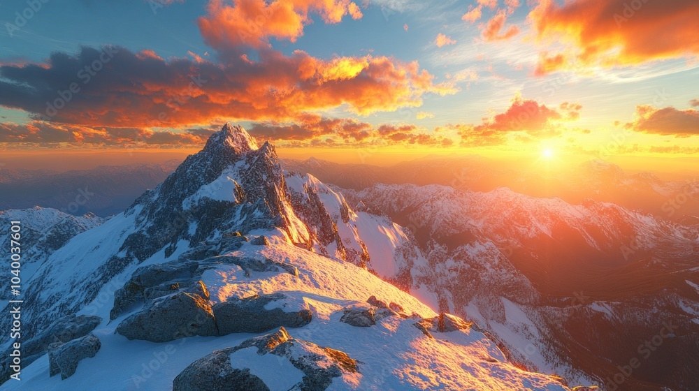 Poster a mountain range with a beautiful sunset in the background