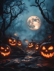  Dark forest illuminated by glowing jack-o'-lanterns and a full moon, setting a hauntingly festive Halloween scene.