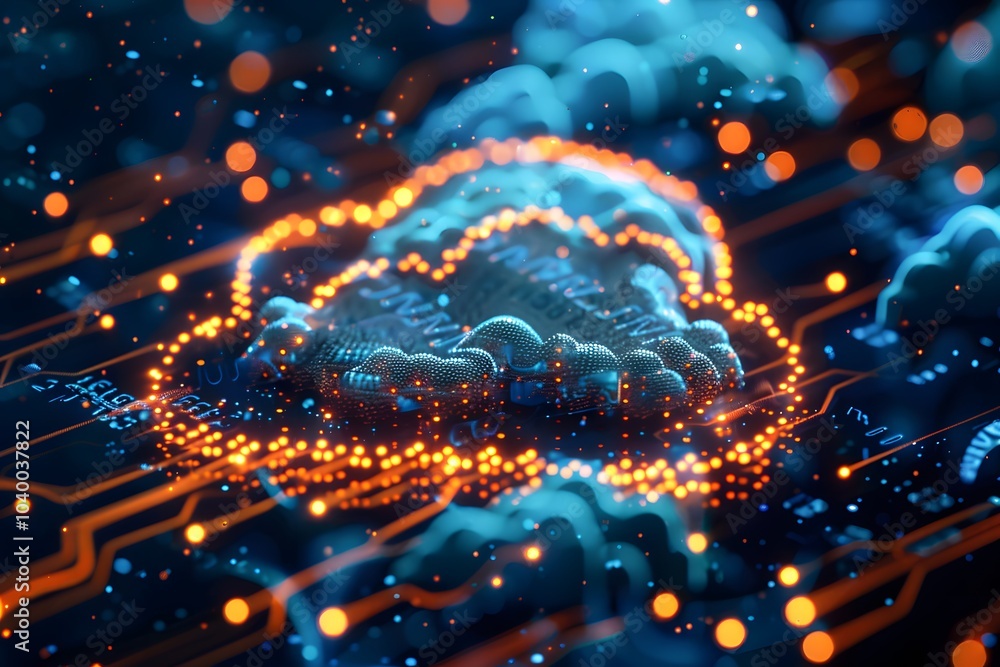 Poster futuristic cloud computing concept with digital circuitry and glowing particles