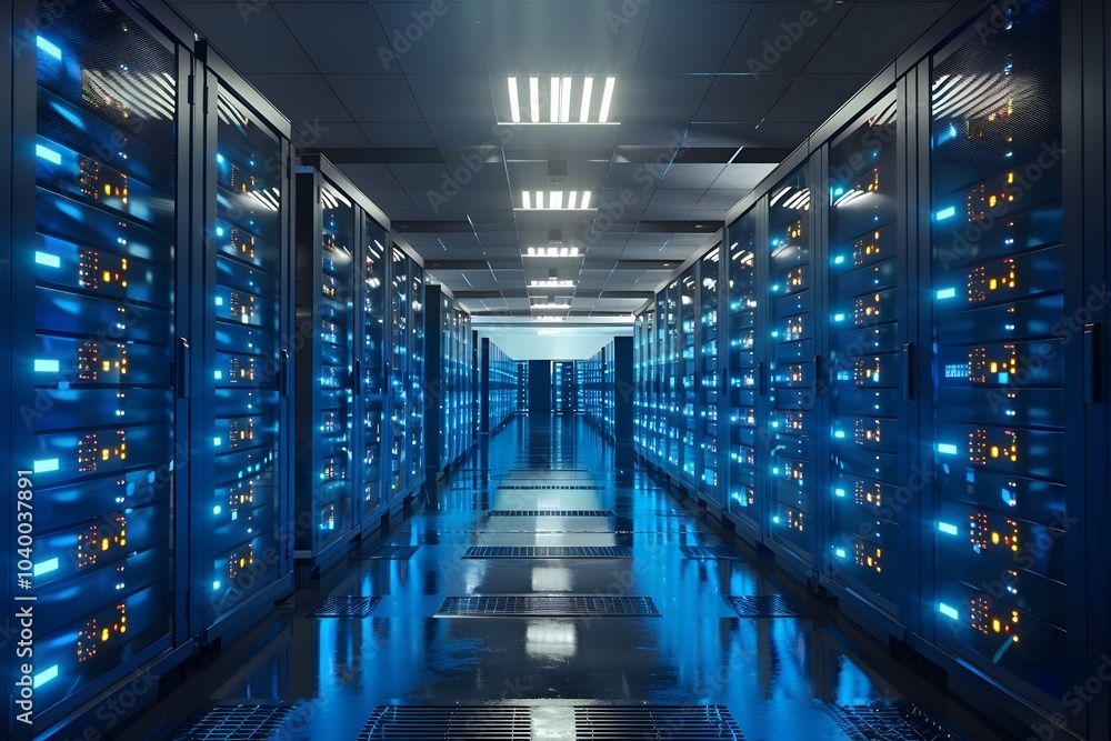 Aufkleber futuristic data center with illuminated server racks