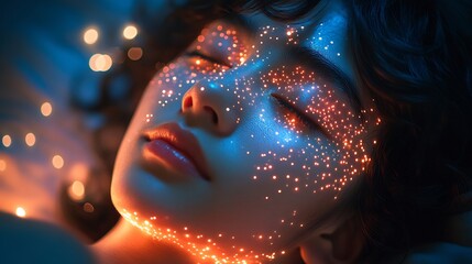 Person wearing sleep tracker surrounded by dreamlike stars and clouds symbolizing deep sleep and biohacking tools for sleep improvement