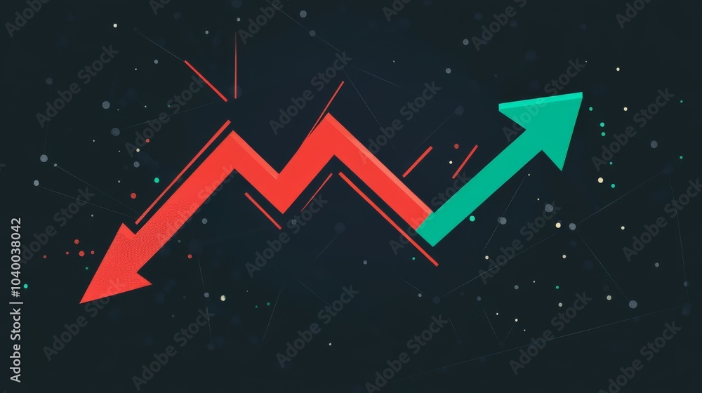 Poster a vibrant graph with red and green arrows indicating fluctuating trends, representing market dynamic