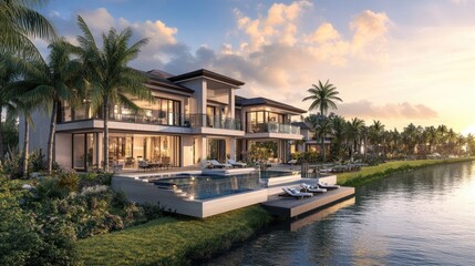 Fototapeta premium Luxury Waterfront Villa with Modern Architecture