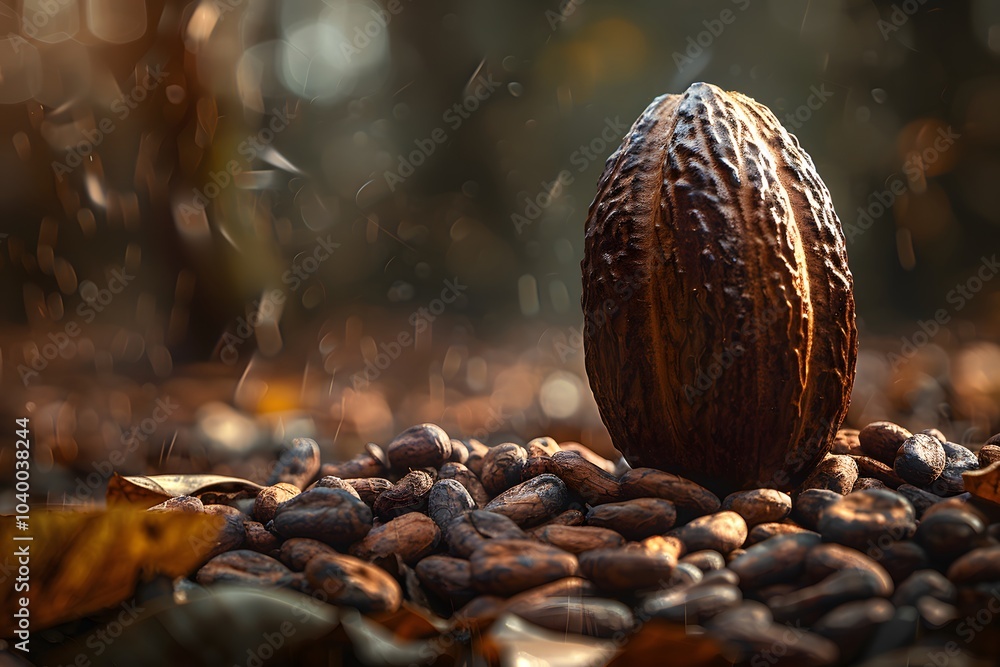 Poster captivating cocoa: a close-up of a cocoa pod surrounded by beans in a natural setting