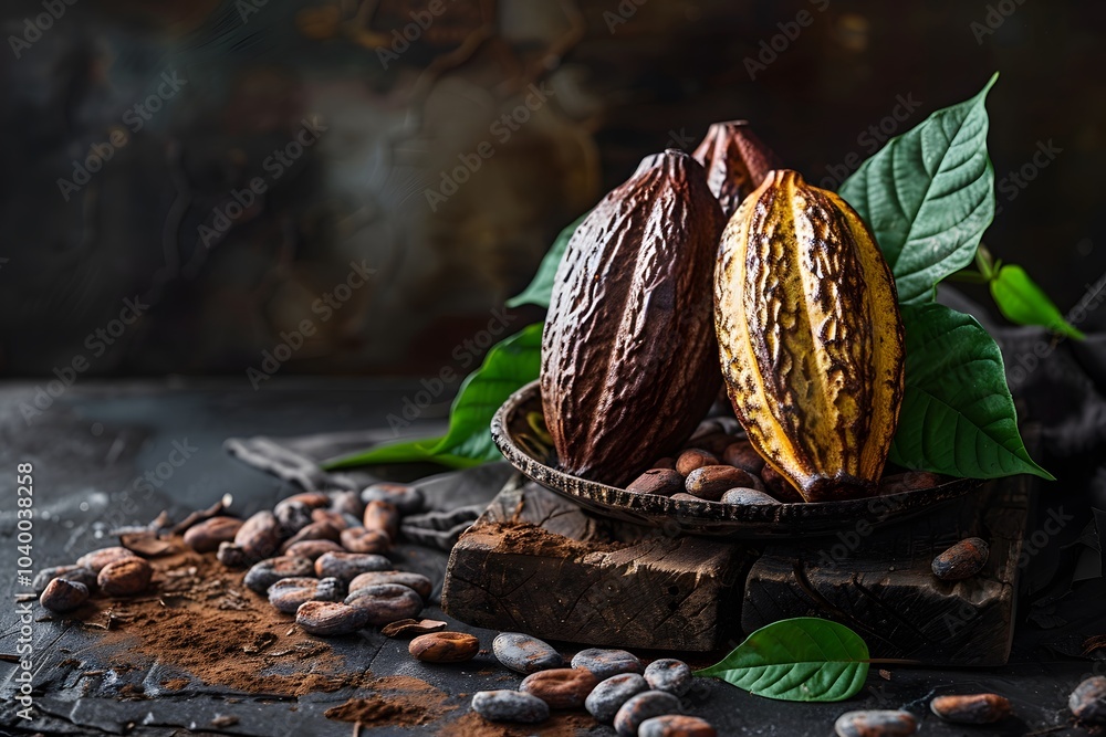 Poster rich cocoa pods and beans on rustic surface