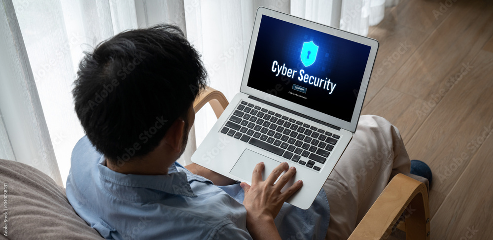 Poster cyber security system on computer screen protect private information snugly from hacker and cyber at