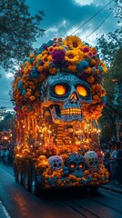 Fototapeta premium Cultural Fusion Parade, vibrant floats celebrating Mexican Day of the Dead and Indian Diwali, colorful costumes, festive atmosphere, community joy