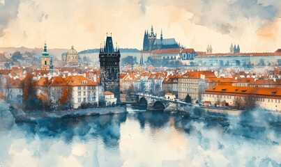 Naklejka premium Watercolor Prague scenic spring aerial view of the Prague Old Town pier architecture Charles Bridge over Vltava river in Prague, Czechia.