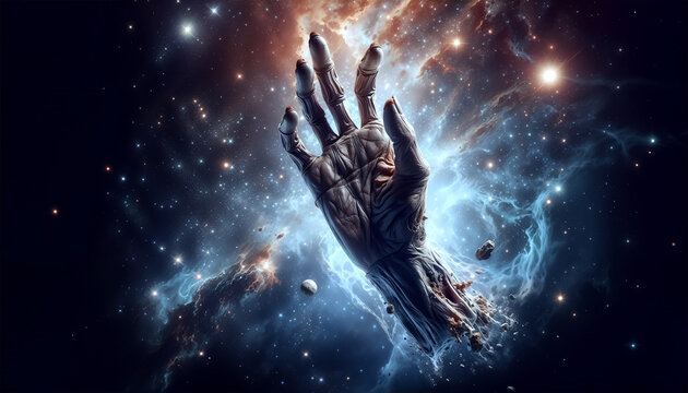 A mummified hand against a space background with stars and nebulae