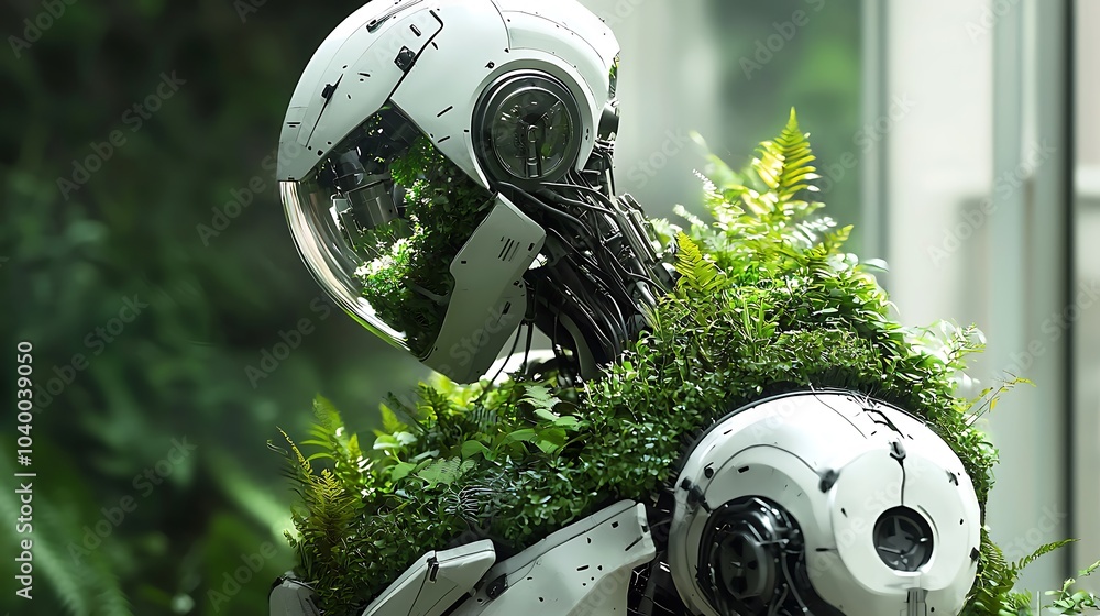 Aufkleber A futuristic robot merging technology and nature the mechanical being with an open chest revealing lush greenery inside