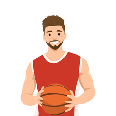 Young guy standing with a basketball. Flat vector illustration isolated on white background