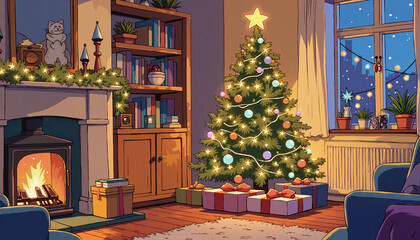 Obraz premium Cozy living room with decorated Christmas tree and fireplace