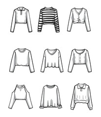 Line drawing of diverse sweater styles, featuring a minimalist black and white vector design that highlights fashion clothing