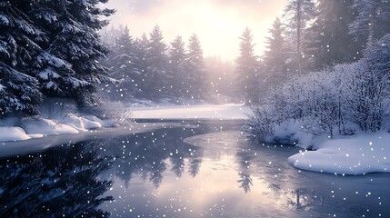Fototapeta premium A frozen lake surrounded by snow-covered pines, peppermint-scented air swirling around, soft light reflecting off the ice, snow falling gently in the background,