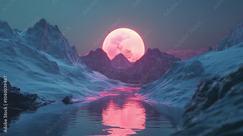 Poster a surreal dimension where mountains transform into liquid under a vibrant pink moonlight over a myst