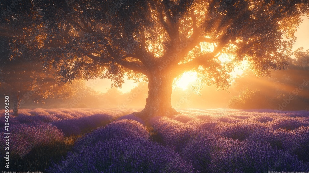 Poster a large tree is in the foreground of a field of purple flowers