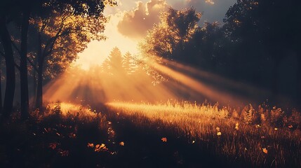 A surreal landscape of twin sunlight casting ethereal shadows over a tranquil meadow evoking dreamlike serenity