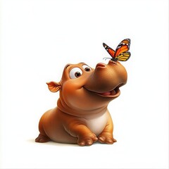 Naklejka premium Cute Cartoon Hippopotamus Looking at Butterfly