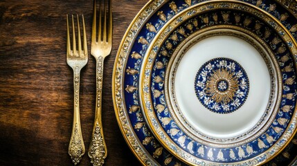 Obraz premium Elegant Vintage Plates and Forks on Wooden Table