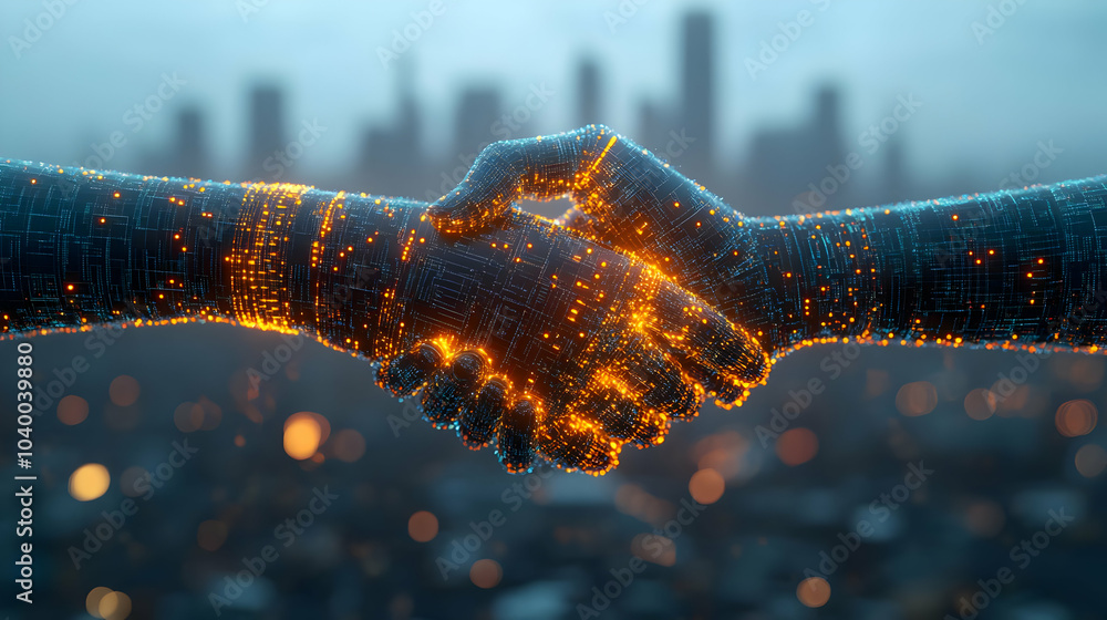 Poster 3d nanobot swarm handshake concept extreme close up tiny robots glowing circuits assembling silhouet